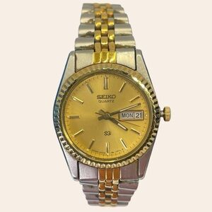 Vintage Seiko Quartz Watch Gold Dial Day Date Two Tone Jubilee Bracelet Classic